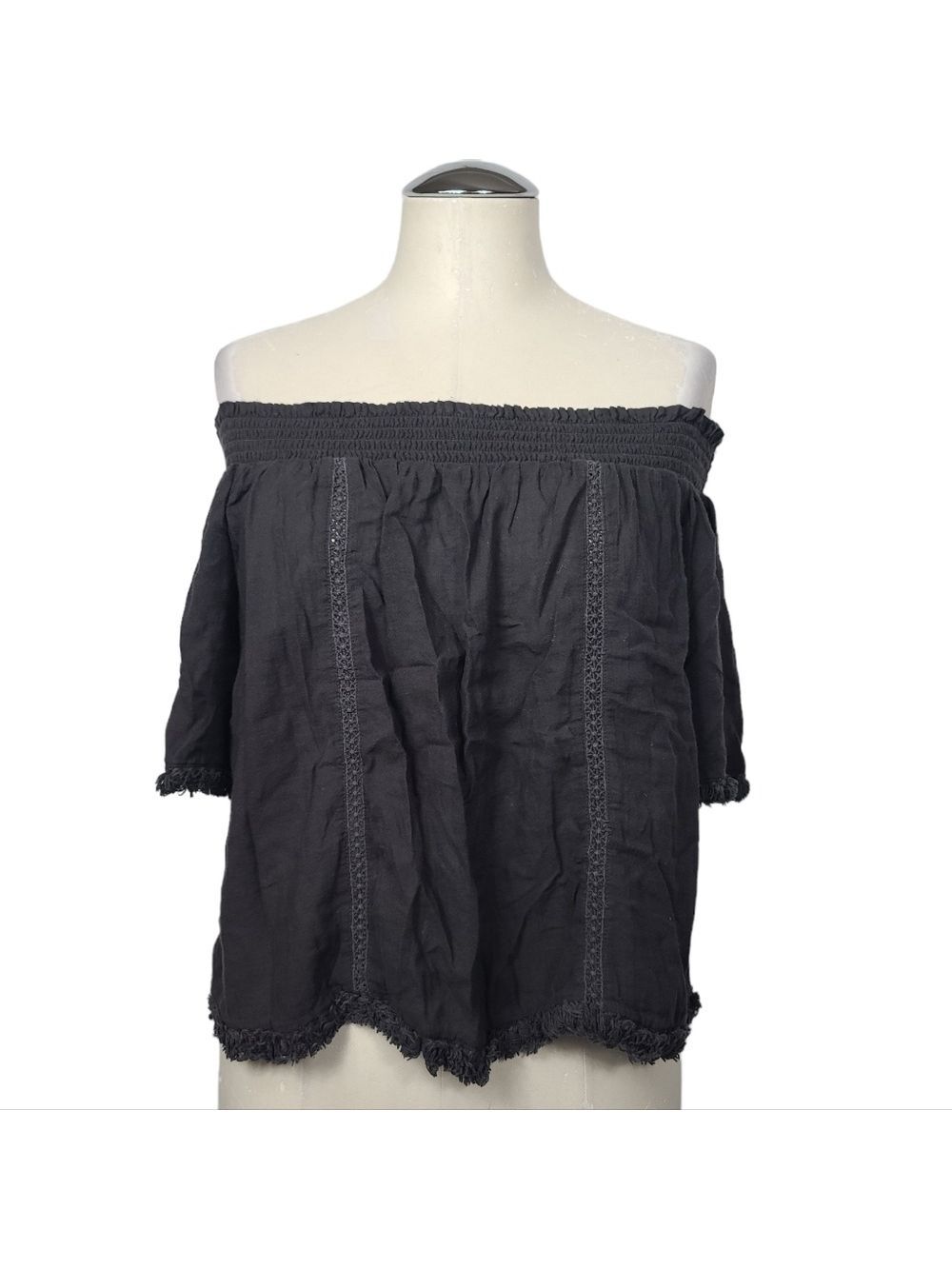 Aerie Off Shoulder Smocked Frayed Fringe Top M